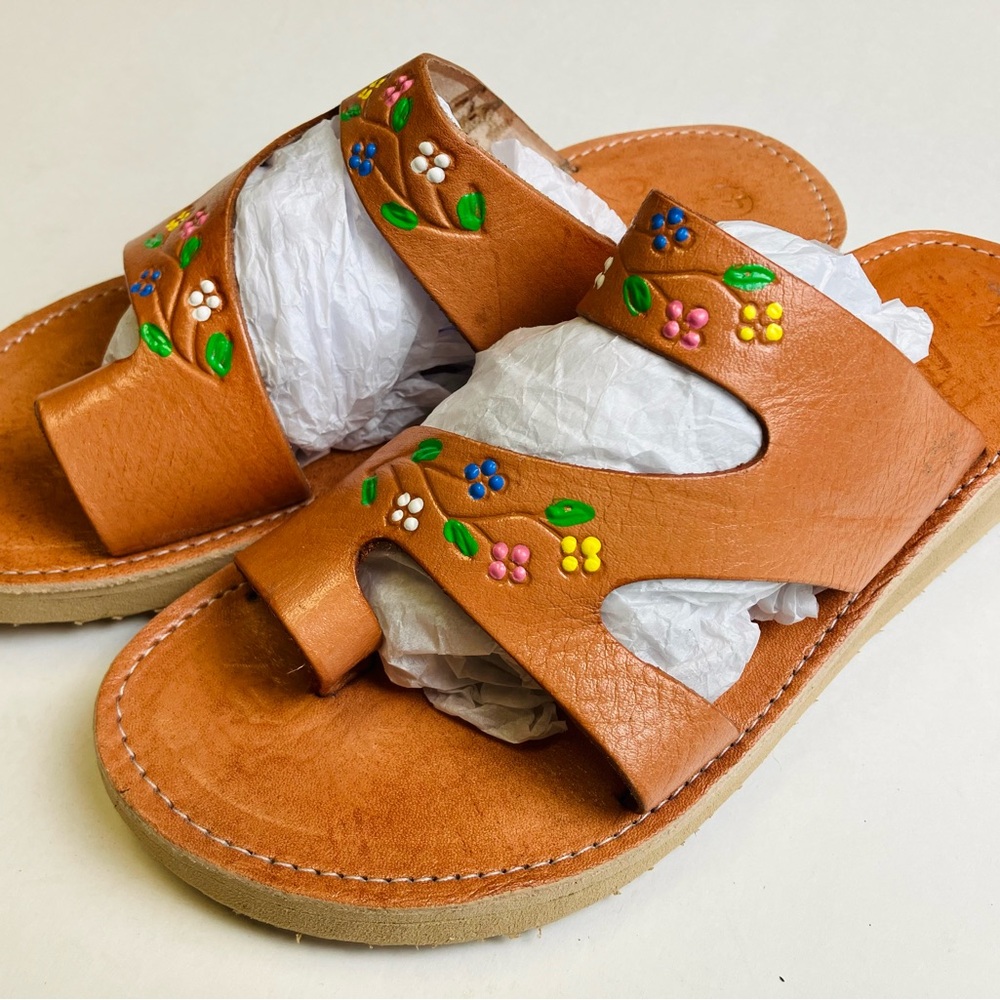 Kids Brown Leather Slide Sandals with Floral Embroidery